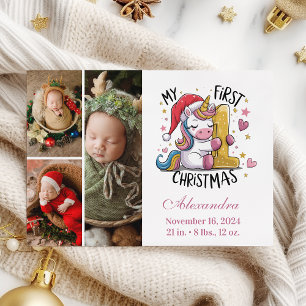1:a Baby-jul 3 Foto Rosa Guld Unicorn Julkort