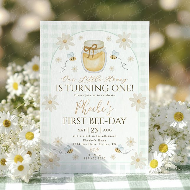1:a Bee-dagen Flickors Födelsedag Honung Tusenskön Inbjudningar (Skapare uppladdad)