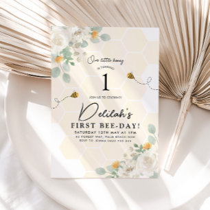 1:a bidagen Humla Girls Birthday Honung Blommigt Inbjudningar