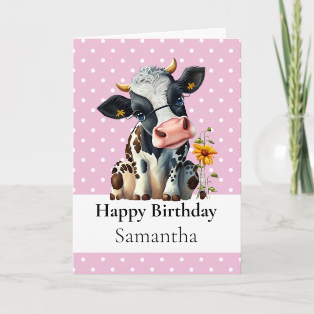 1:a BIRTHDAY Dairy COW Girl CARD Kort (Framsida)