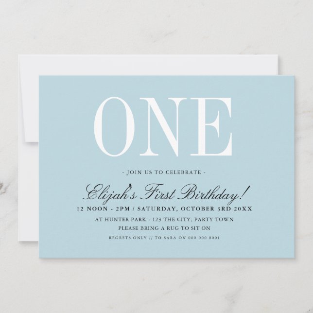 1:a BIRTHDAY elegant baby blue pojke EN Inbjudningar (Framsida)