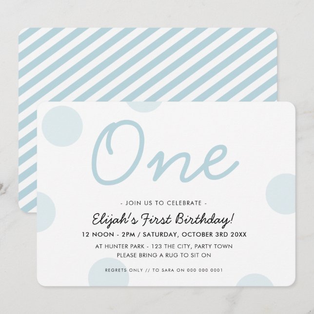 1:a BIRTHDAY PARTY baby blue boy ONE polka dots Inbjudningar (Fram/baksida)