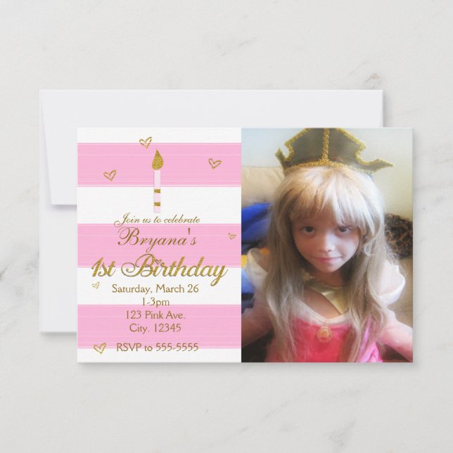 1:A BIRTHDAY Rosa White & Guld Photo Inbjudan (Framsida)