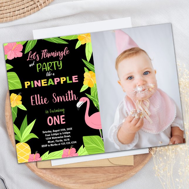 1:a Black Flamingo och Pineapple Birthday med foto Inbjudningar (1st Black Flamingo & Pineapple Birthday with photo Invitation)