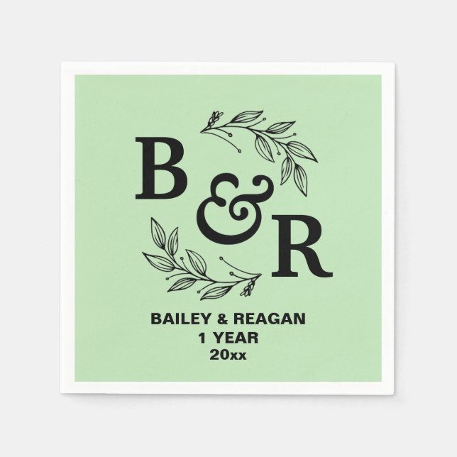 1:a Bröllop-årsdagen Löv Motif Monogram Pappersservett (Framsidan)