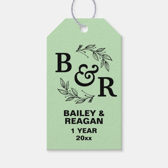 1:a Bröllop-årsdagen Löv Motif Monogram Presentetikett (Framsidan)