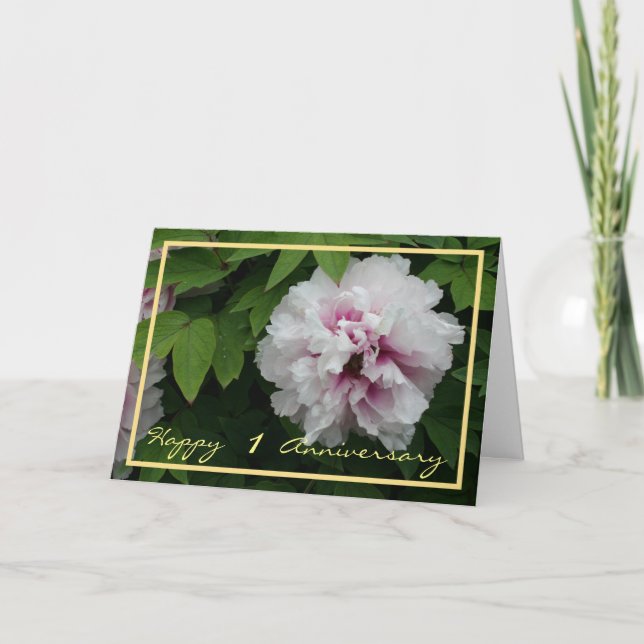 1:a Bröllop-årsdagen Önskemål White Peony Elegant Kort (Framsida)