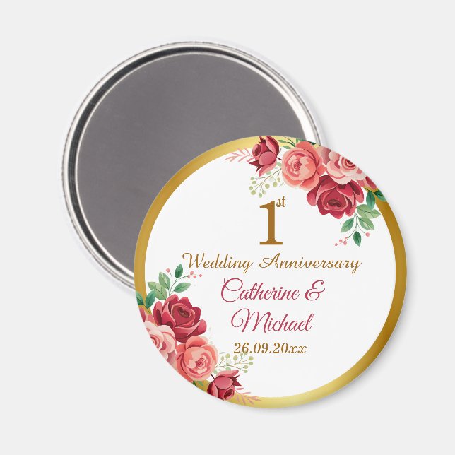 1:a bröllopsdag Guld ram Blommig Magnet (Front/Back)