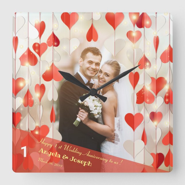 1:a bröllopsdag Hjärtans Gardin Väggklocka (Framsida)