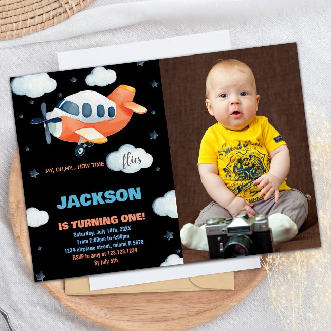 1:a flygplanet: Orange för födelsedagsinbjudningar Inbjudningar (1st Airplane Birthday Invitations Orange w photo)