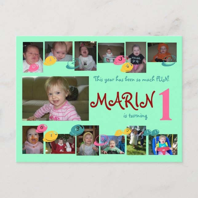1:a födelsedag 12 månader fotovykort inbjudan vykort (Framsida)