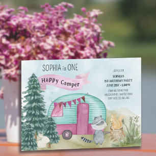 1:a födelsedag 1 Lycklig Camper Woodland Caravan Inbjudningar