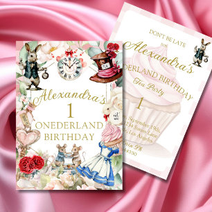 1:a födelsedag Alice i underlandets Rosa Blommigt Inbjudningar