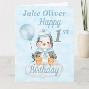 1:a födelsedag Baby Penguin-blått kort