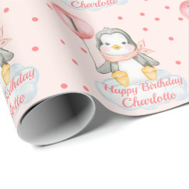 1:a födelsedag Baby Penguins Rosa Presentpapper
