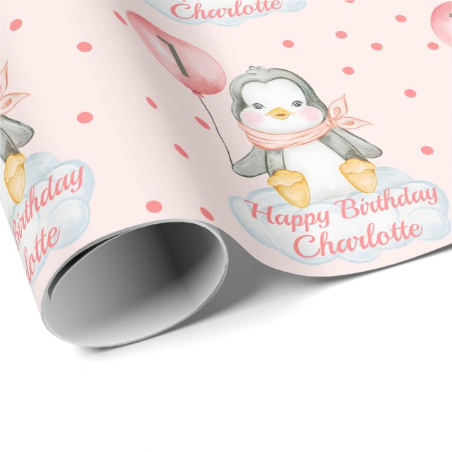1:a födelsedag Baby Penguins Rosa Presentpapper (Rullad Hörn)