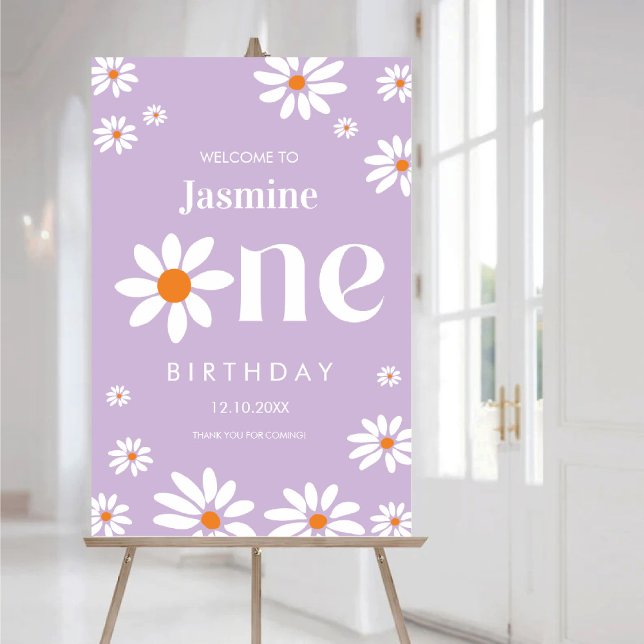 1:a födelsedag Blommigten Lavender Groovy Daisy vä Poster (1st Birthday Lavender Groovy Daisy Florals welcome Poster)