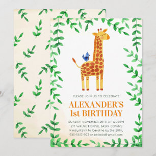 1:a födelsedag Cute Giraffe & Bird Whimsical Party Inbjudningar