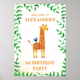 1:a födelsedag Cute Giraffe & Bird Whimsical Party Poster