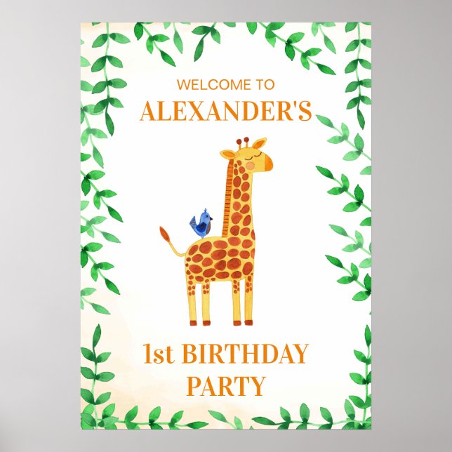 1:a födelsedag Cute Giraffe & Bird Whimsical Party Poster (Framsidan)