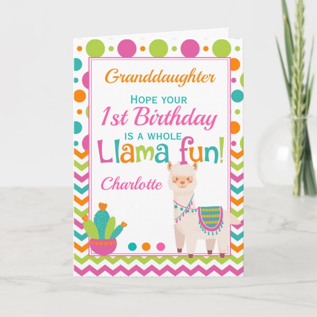 1:a födelsedag Cute Llama Roligt Granddotter Kort (Framsida)