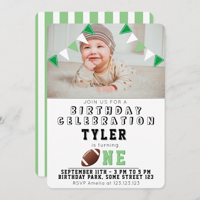 1:a födelsedag - Dammens fotfoto i amerikanska fot Inbjudningar (Fram/baksida)