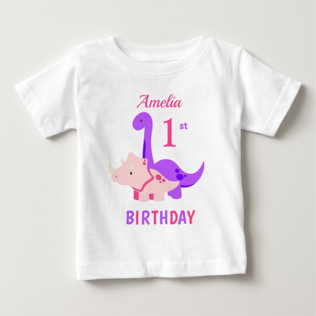 1:a födelsedag Dinosaurs Rosa Baby T-Shirt (Framsida)