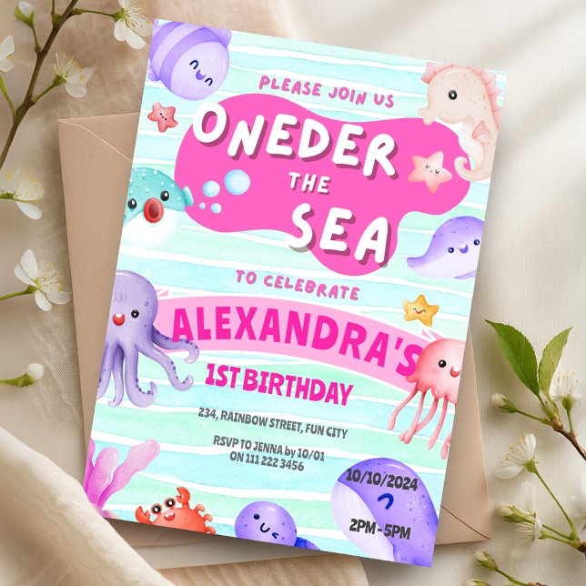 1:a födelsedag - Djur i oceanen Inbjudningar (Oneder the Sea 1st Birthday Girl Ocean Animals Invitation)