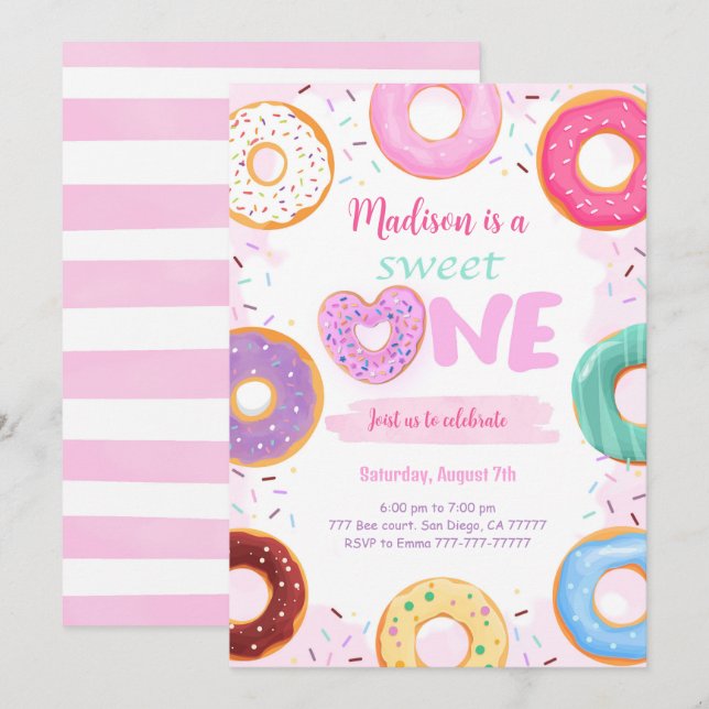 1:a födelsedag Donut Party Inbjudningar (Fram/baksida)
