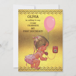 1:a födelsedag Flicka Mobila ballongen Guld Chevro Inbjudningar
