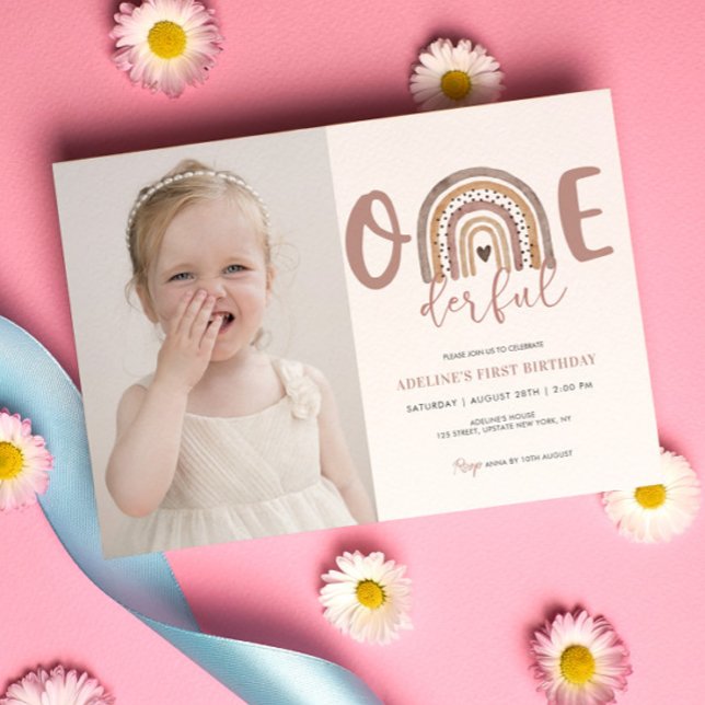 1:a födelsedag Flickor som erbjuder cute Photo par Inbjudningar (Onederful cute birthday party template 1st Birthday Girl Boho Rainbow Watercolor)