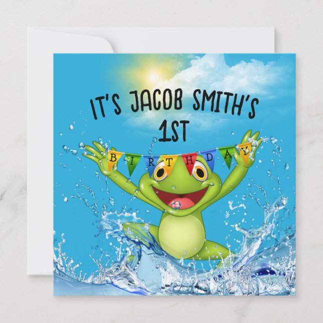 1:a födelsedag Frog Jumpling i Vatten Inbjudningar (Framsida)