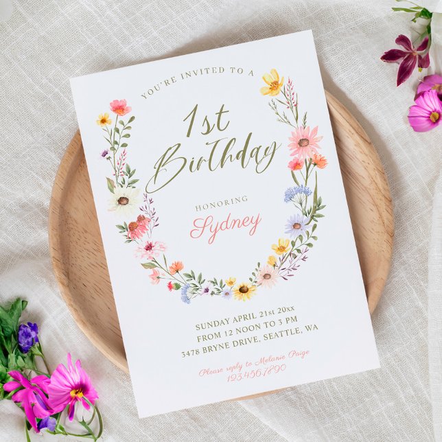 1:a födelsedag Garden Party Wildblommans vattenfär Inbjudningar (1st Birthday Garden Party Wildflower Watercolor Invitation)