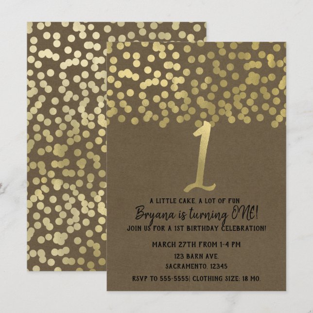 1:a födelsedag Guld Foil Modern Chic Rustic Kraft Inbjudningar (Fram/baksida)