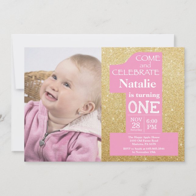 1:a födelsedag Guld Glitter och Rosa Foto Inbjudningar (Framsida)