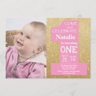 1:a födelsedag Guld Glitter och Rosa Foto Inbjudningar