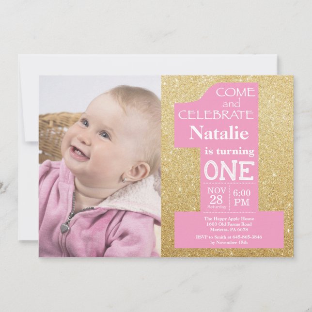 1:a födelsedag Guld Glitter och Rosa Foto Inbjudningar (Framsida)