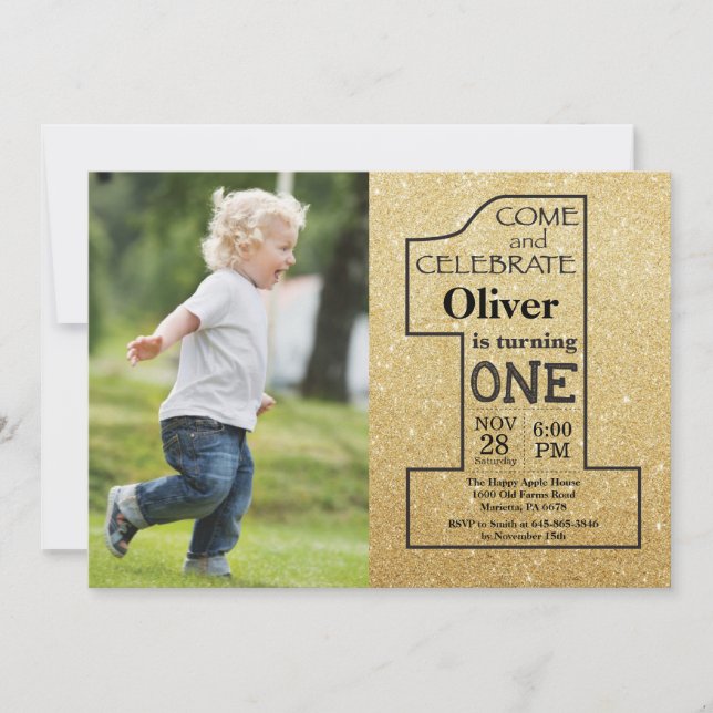 1:a födelsedag Guld Glitter och svart foto Inbjudningar (Framsida)