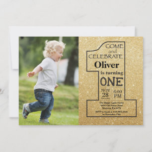 1:a födelsedag Guld Glitter och svart foto Inbjudningar