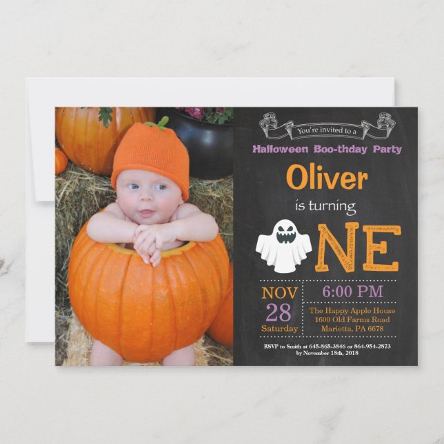1:a födelsedag Halloween fest fotoinbjudan Inbjudningar (Framsida)