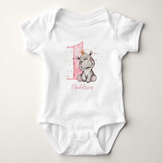1:a födelsedag Hippo Princess Baby Bodykostym T Shirt (Framsida)