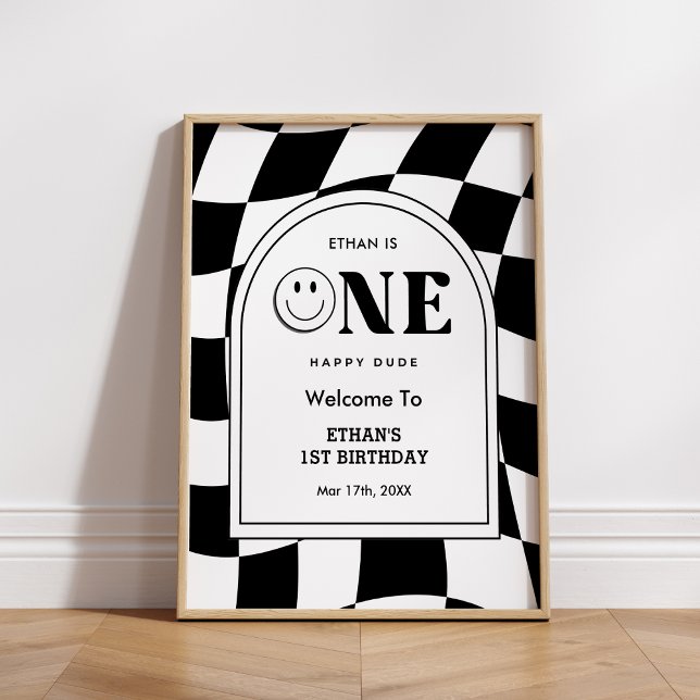 1:a födelsedag i Lycklig Ansikte Poster (One Happy Dude Happy Face Boy 1st Birthday Welcome Sign )