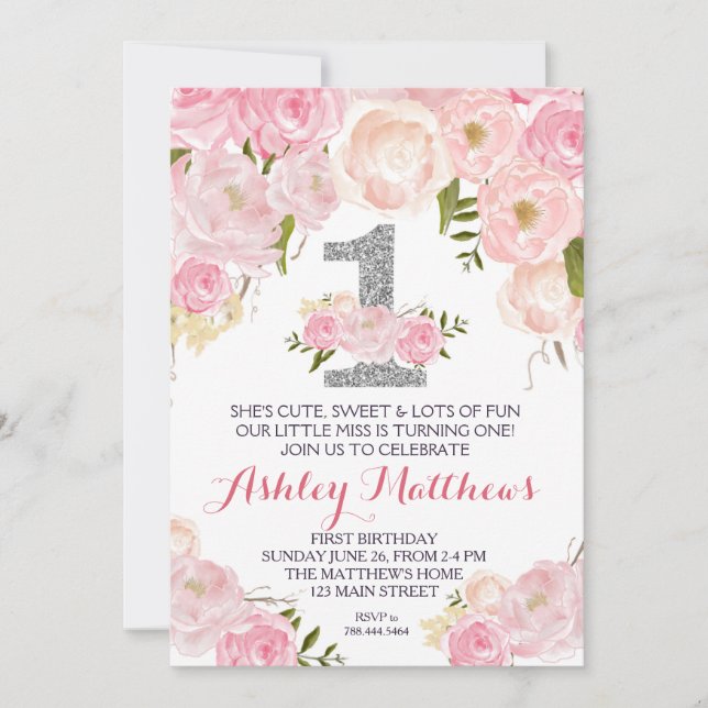 1:a födelsedag Inbjudan till första vackra Blommig (Framsida)