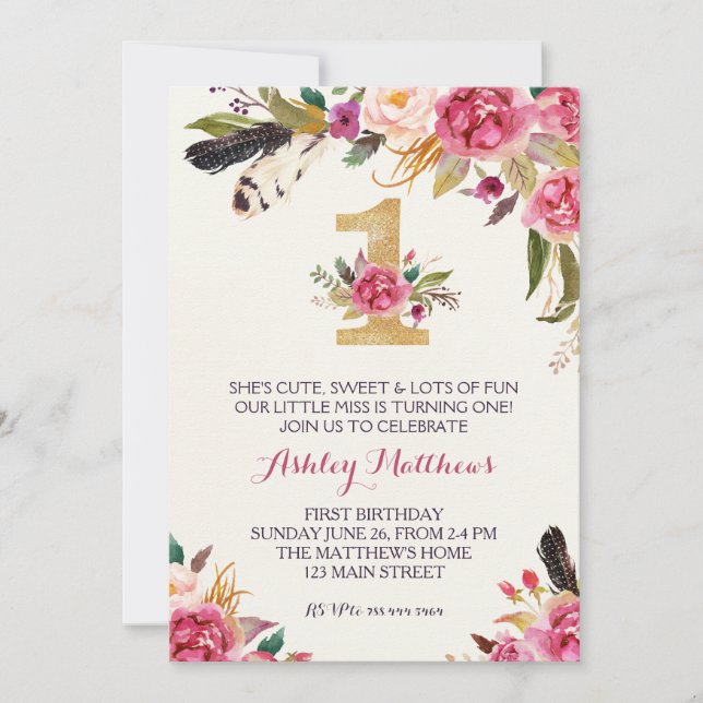 1:a födelsedag Inbjudan till första vackra Blommig (Framsida)