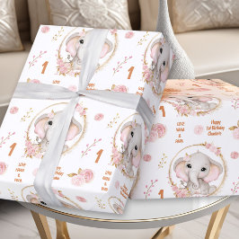 1:a födelsedag Kute Elephant Rosa Flower Girl Namn Presentpapper
