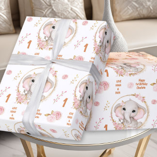 1:a födelsedag Kute Elephant Rosa Flower Girl Namn Presentpapper