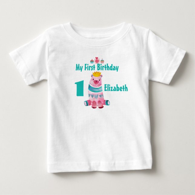 1:a födelsedag Kute-vattenfärg Bear i Krona T-shirt (Framsida)