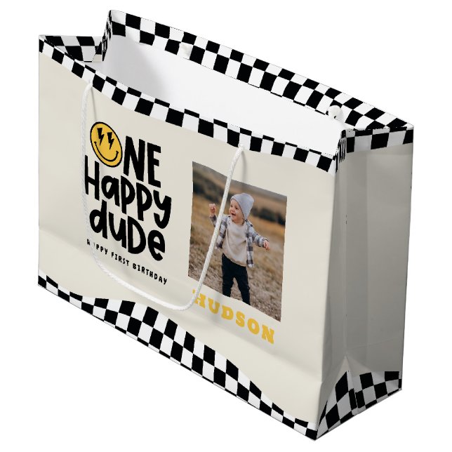 1:a födelsedag leende ansikte retro white groovy (Framsidan Vinklad)