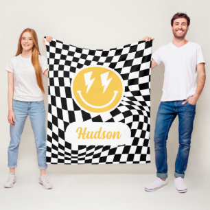 1:a födelsedag leende ansikte retro white groovy fleecefilt