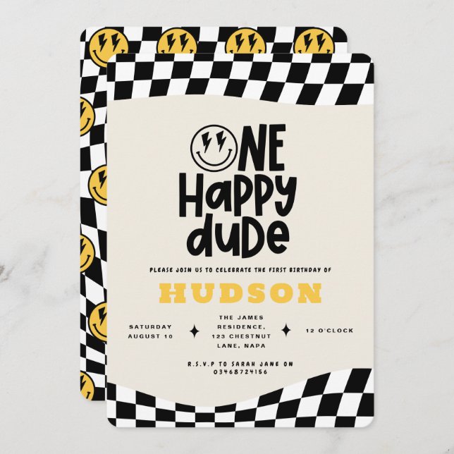 1:a födelsedag leende ansikte retro white groovy inbjudningar (Fram/baksida)